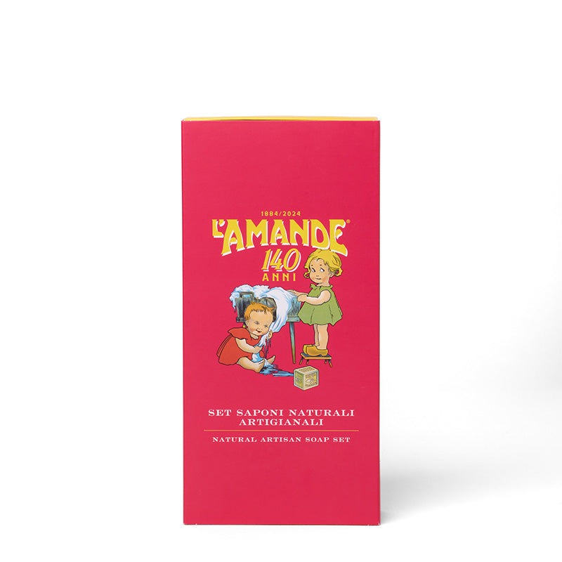L'amande Gift Box 140 Anni - Saponi Naturali Artigianali: Mandorla-oliva-lavanda 3 X 150 Gr