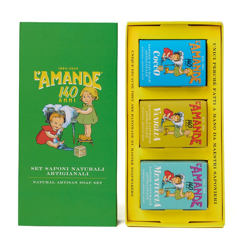 L'amande Gift Box 140 Anni - Saponi Naturali Artigianali: Mentuccia - Cocco - Vaniglia 3 X 150 Gr