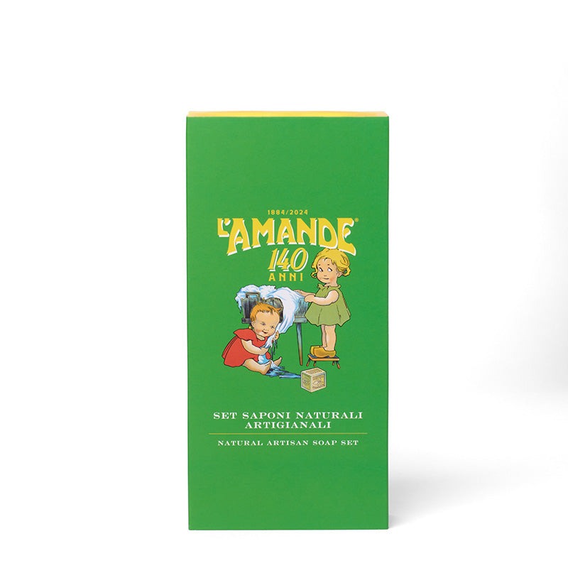 L'amande Gift Box 140 Anni - Saponi Naturali Artigianali: Mentuccia - Cocco - Vaniglia 3 X 150 Gr