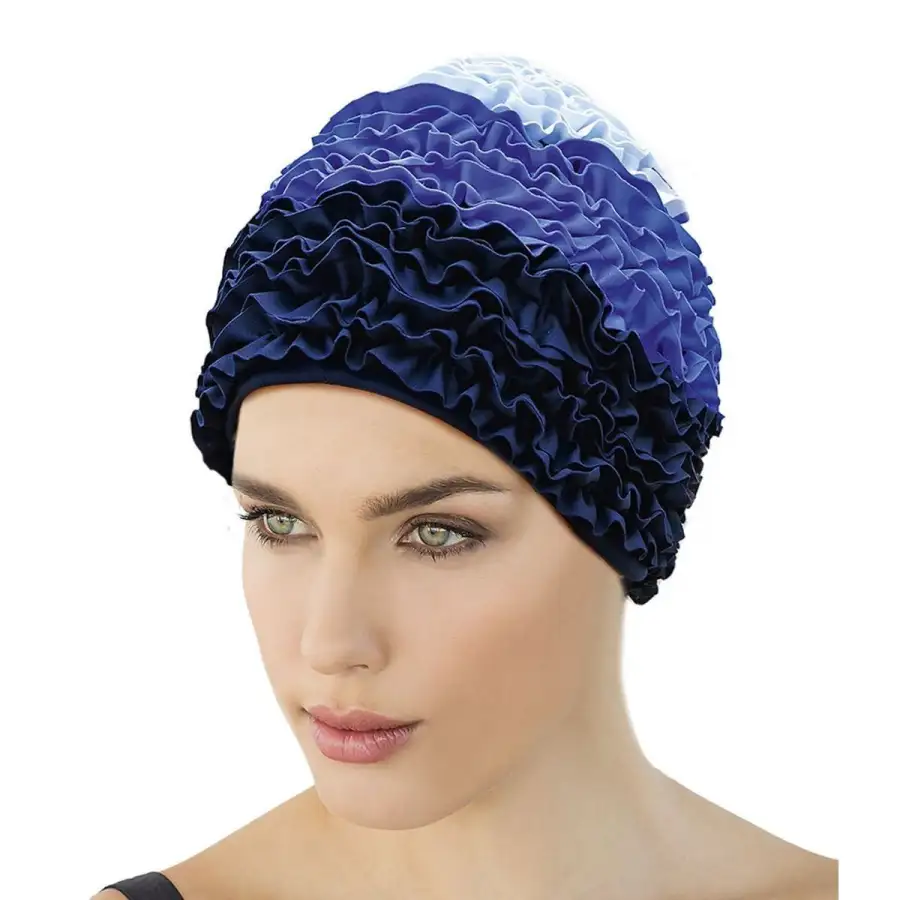 Fashy Cuffia Da Bagno  Donna In Tessuto Blu, Lilla E Bianco Con Frange