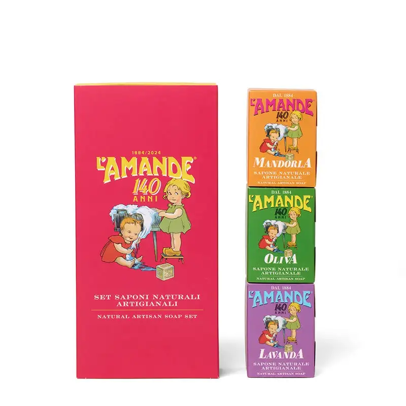 L'amande Gift Box 140 Anni - Saponi Naturali Artigianali: Mandorla-oliva-lavanda 3 X 150 Gr