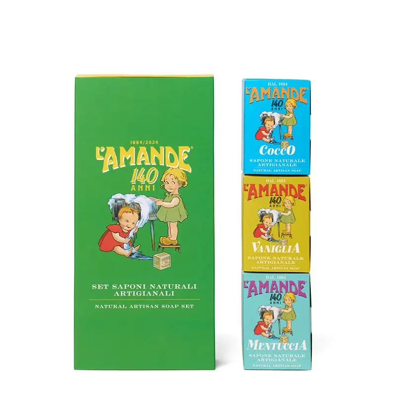 L'amande Gift Box 140 Anni - Saponi Naturali Artigianali: Mentuccia - Cocco - Vaniglia 3 X 150 Gr