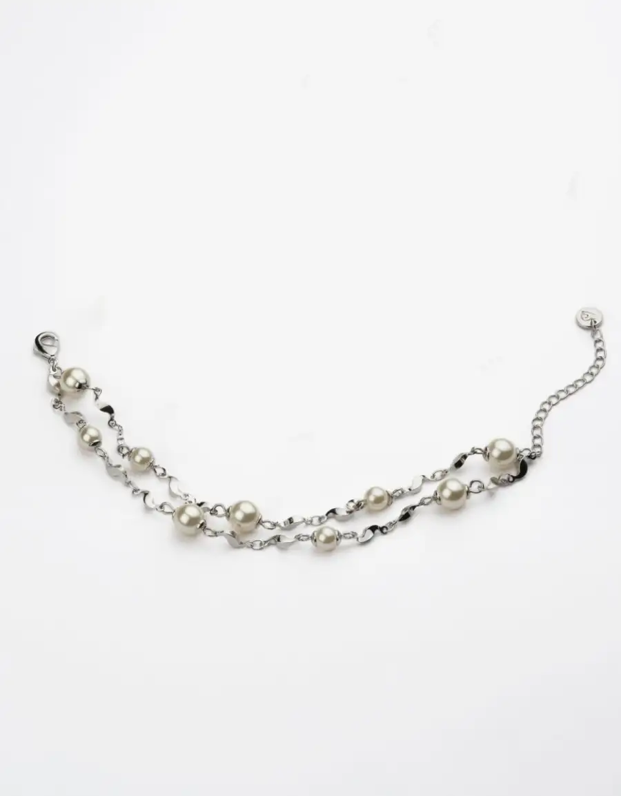 Bracciale A Due Fili Di Catenina Fantasia In Brass Rodiato Intervallata Da Perle Crema In Due Misure 6mm E 8mm - Chiusur