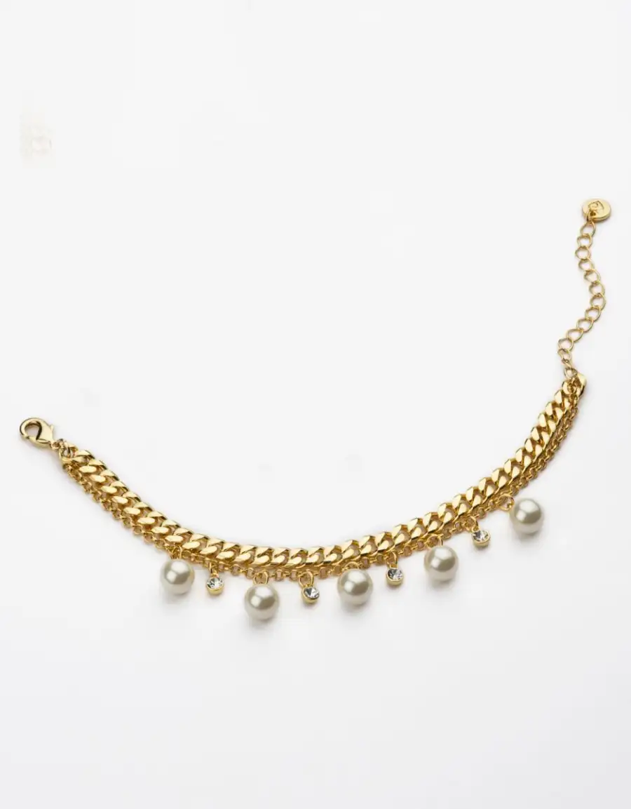 Bracciale A Due Giri Di Catena In Brass Dorato Con Cristalli E Perle Crema Pendenti Da 8mm - Chiusura Regolabile